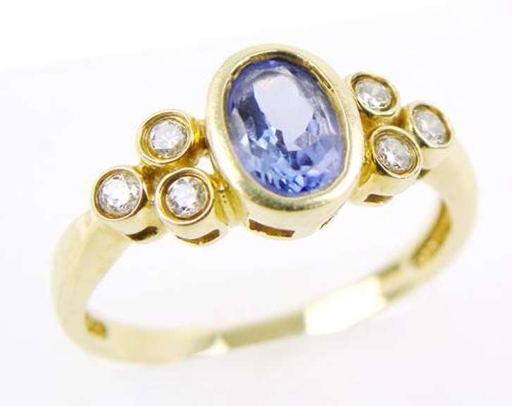 Bezel Set Tanzanite & Diamonds 10K Gold Ring, 7