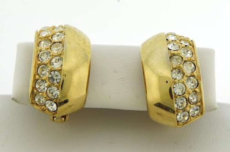 Vintage Gold Plated With White Crystal Clip Earrings