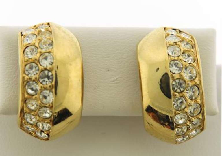 Vintage Gold Plated With White Crystal Clip Earrings