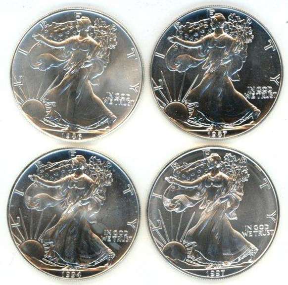 4 Better date Superb Gem BU $1 Silver Eagles 1986-1997