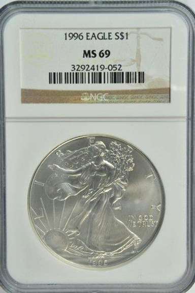 Key date Superb Gem BU 1996 $1 Silver Eagle. NGC MS69