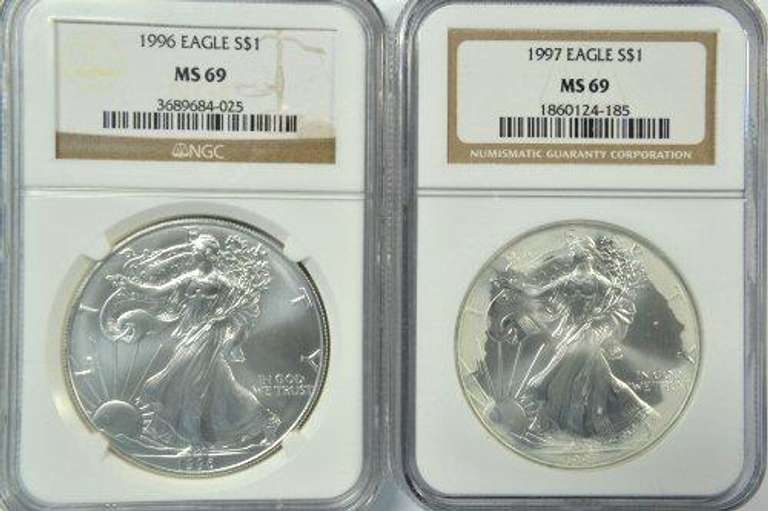 Key dates Superb Gem BU 1996 & 1997 $1 Eagles. NGC MS69