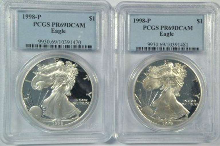2 PCGS PR69DCAM 1998-P $1 Silver Eagle coins