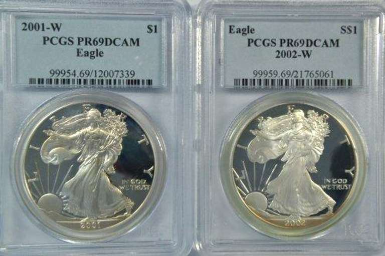 2001-W & 2002-W Gem Proof Silver Eagles. NGC PF69 UC