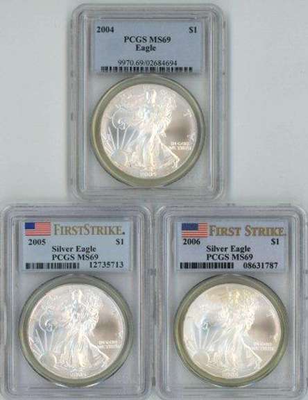 3 Diff. near perfect PCGS MS69 $1 Eagles 2004-2006