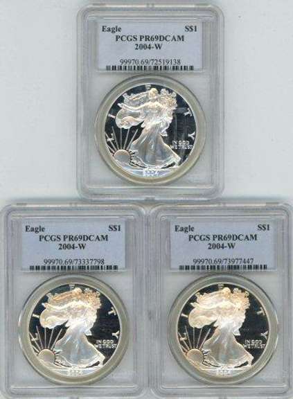 3 PCGS PR69DCAM 2004-W $1 Silver Eagle coins