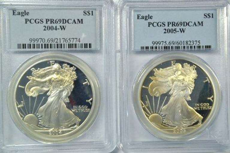 PCGS PR69DCAM 2004-W & 2005-W $1 Silver Eagles