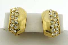 Vintage Gold Plated With White Crystal Clip Earrings