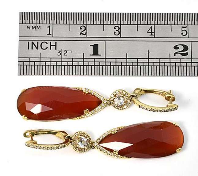 Sexy Red Agate, Diamond, & Zircon 14K YG Earrings