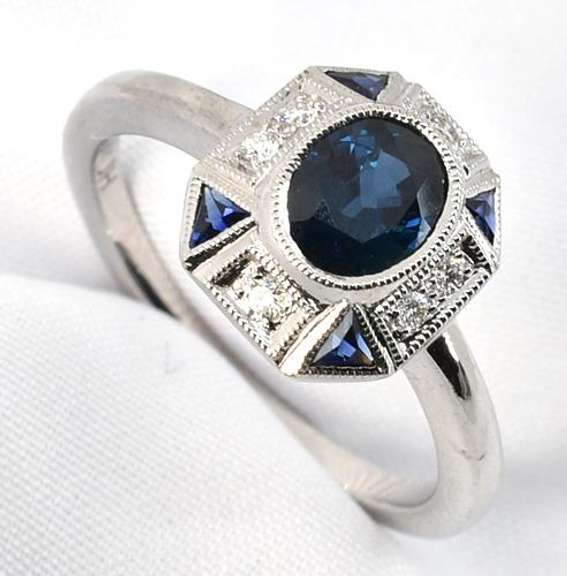 Art Deco Sapphire & Diamond Ring in 18K WG