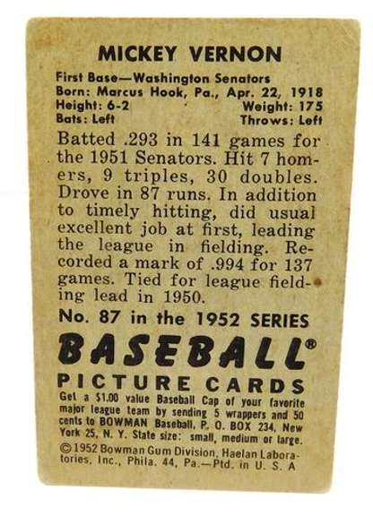 Mickey Vernon, Senators 1952 Bowman Baseball Card