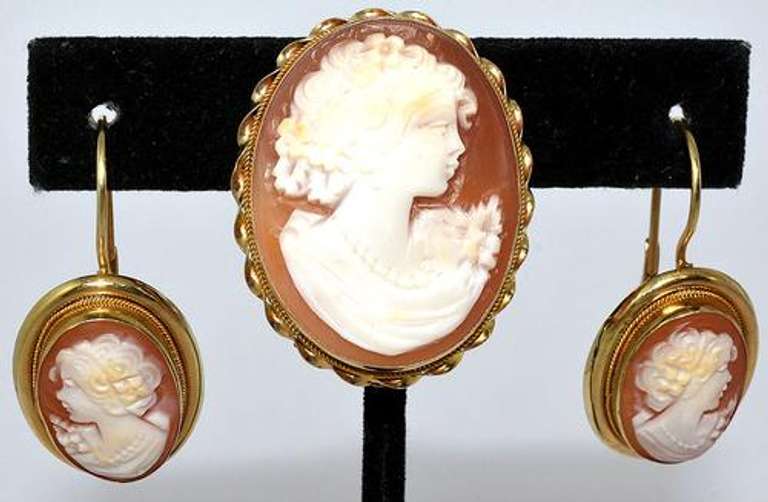 Coral Cameo Enhancer & Earrings Set, 14KT Yellow Gold