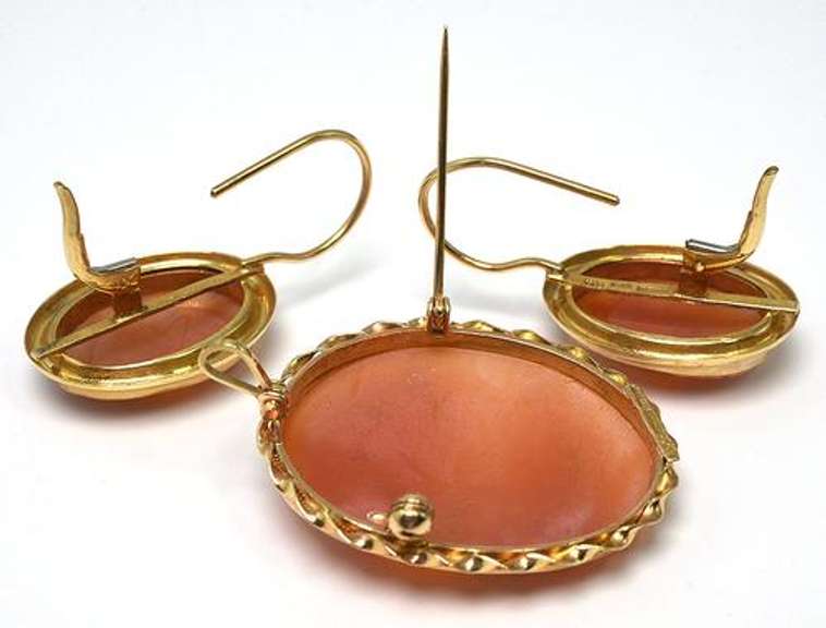 Coral Cameo Enhancer & Earrings Set, 14KT Yellow Gold