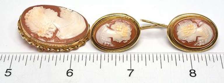Coral Cameo Enhancer & Earrings Set, 14KT Yellow Gold