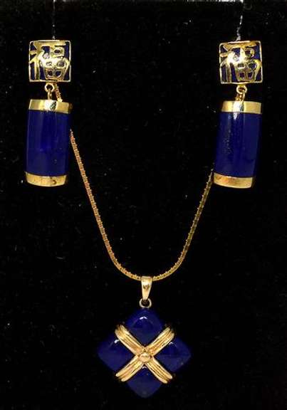 Striking Lapis Lazuli Necklace & Earring Set, 14KT Yellow Gold