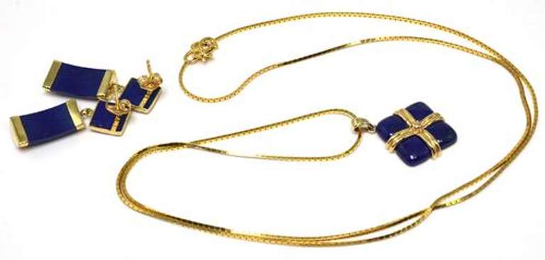 Striking Lapis Lazuli Necklace & Earring Set, 14KT Yellow Gold
