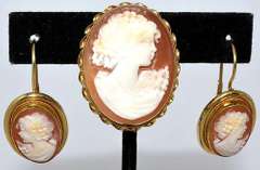 Coral Cameo Enhancer & Earrings Set, 14KT Yellow Gold