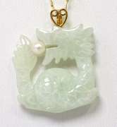 Carved Jade Dragon with Pearl Necklace in 14KT Yellow Gold