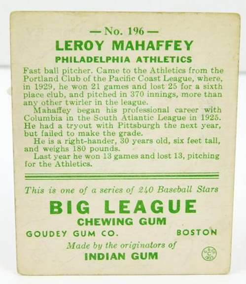 1933 Leroy Mahaffey, Athletics Pitcher Baseball Card