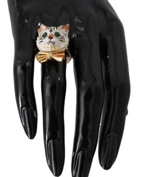DOLCE & GABBANA GOLD BRASS RESIN WHITE CAT PET RING