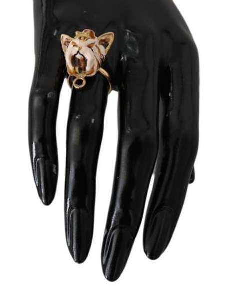 DOLCE & GABBANA GOLD BRASS RESIN BEIGE DOG PET RING