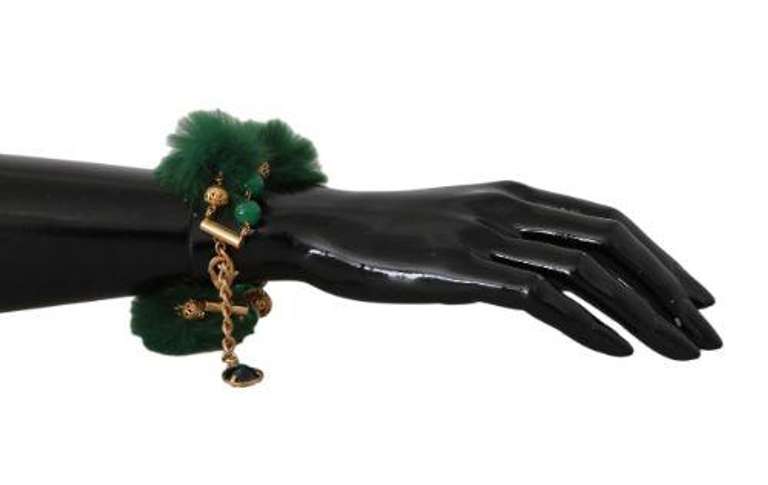 DOLCE & GABBANA GREEN CRYSTAL CHARM FUR BRACELET