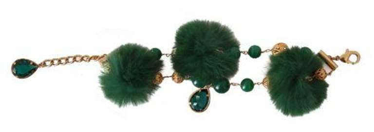 DOLCE & GABBANA GREEN CRYSTAL CHARM FUR BRACELET