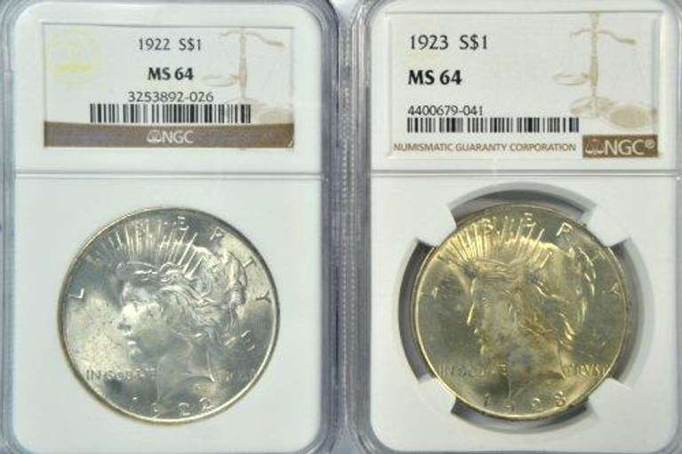 Near Gem BU 1922 & 1923 Peace Silver Dollars. NGC MS64