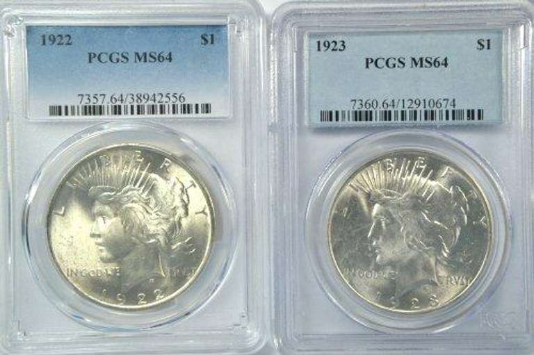 Near Gem BU 1922 & 1923 Peace Silver Dollars. PCGS MS64