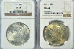 Near Gem BU 1922 & 1923 Peace Silver Dollars. NGC MS64
