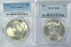Near Gem BU 1922 & 1923 Peace Silver Dollars. PCGS MS64