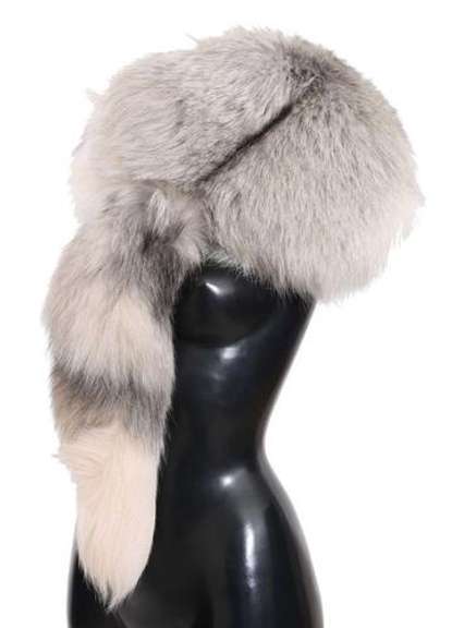 DOLCE & GABBANA FOX TAIL FUR SHAWL NECK WRAP COVER WHITE GRAY COLLAR SCARF