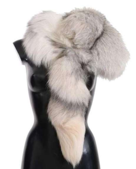 DOLCE & GABBANA FOX TAIL FUR SHAWL NECK WRAP COVER WHITE GRAY COLLAR SCARF