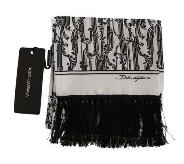 DOLCE & GABBANA BLACK WHITE FLORAL SILK FRINGES WRAP