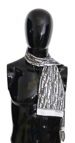 DOLCE & GABBANA BLACK WHITE FLORAL SILK FRINGES WRAP