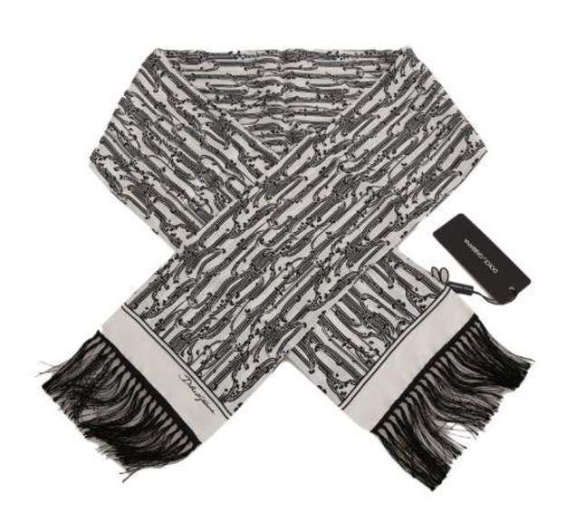 DOLCE & GABBANA BLACK WHITE FLORAL SILK FRINGES WRAP