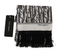 DOLCE & GABBANA BLACK WHITE FLORAL SILK FRINGES WRAP