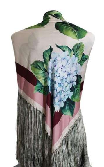 DOLCE & GABBANA HORTENSIA FLORAL SILK FRINGES SHAWL WRAP SCARF