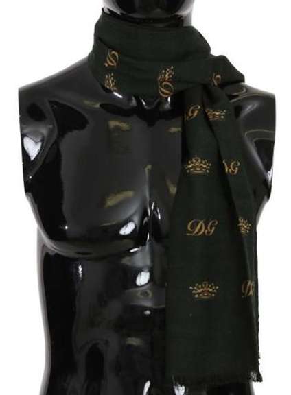 DOLCE & GABBANA GREEN SILK WOOL CROWN PATTERN MENS WRAP SCARF