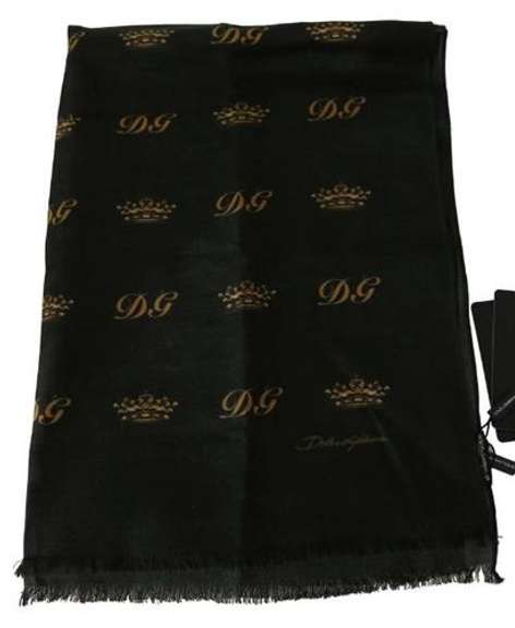 DOLCE & GABBANA GREEN SILK WOOL CROWN PATTERN MENS WRAP SCARF