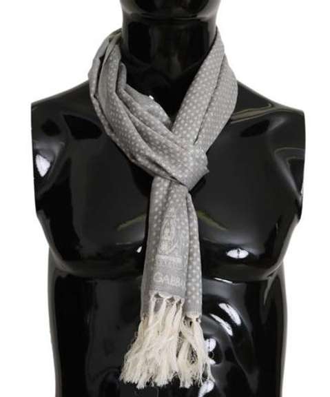 DOLCE & GABBANA GRAY SILK POLKA DOT PRINT FRINGES WRAP SCARF