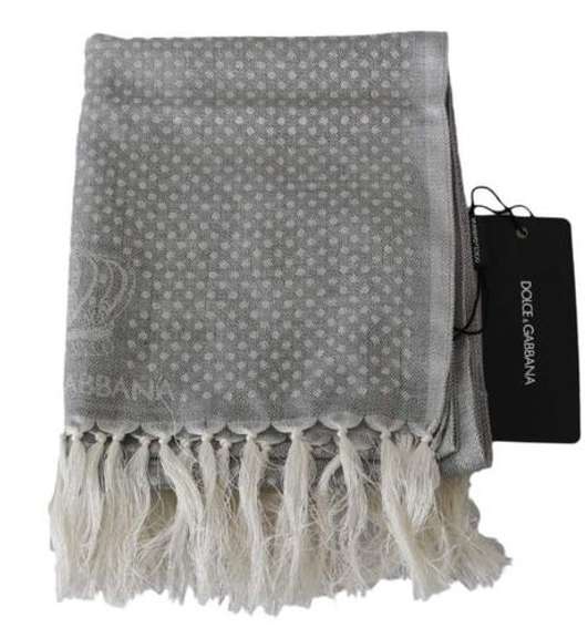 DOLCE & GABBANA GRAY SILK POLKA DOT PRINT FRINGES WRAP SCARF