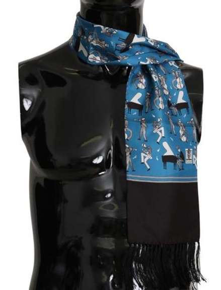 DOLCE & GABBANA BLUE PATTERNED TASSEL SILK MENS SCARF