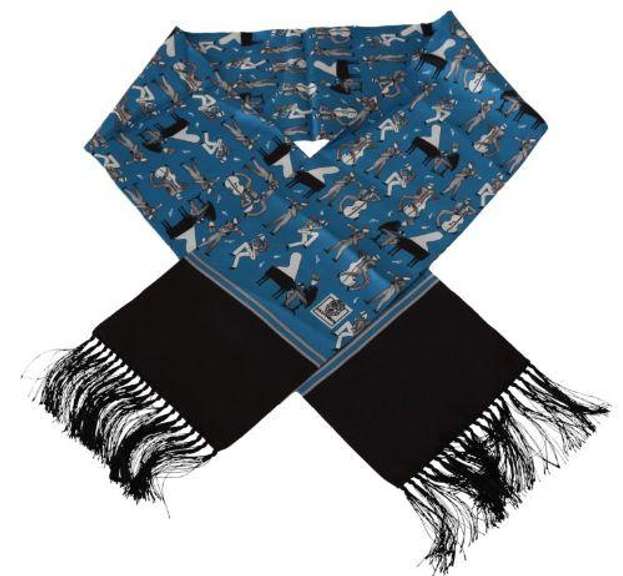 DOLCE & GABBANA BLUE PATTERNED TASSEL SILK MENS SCARF