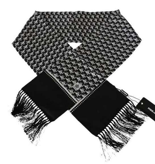 DOLCE & GABBANA BLACK AND WHITE DOG PRINT CROWN   Logo SILK WRAP SCARF