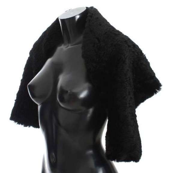 DOLCE & GABBANA BLACK LAMBSKIN FUR SILK SCARF