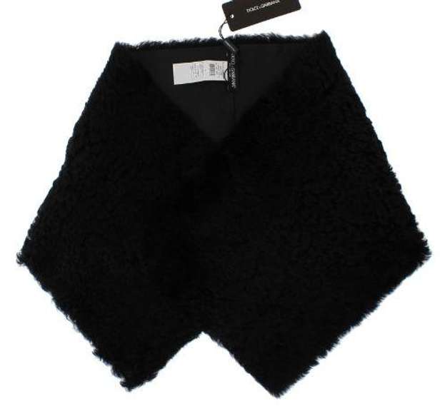 DOLCE & GABBANA BLACK LAMBSKIN FUR SILK SCARF