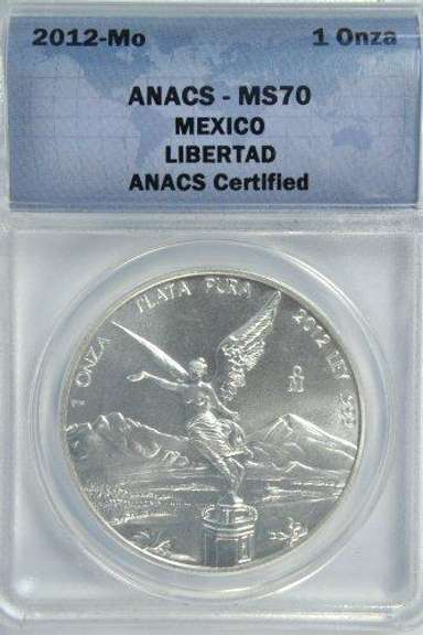 Flawless 2012 Mexico Libertad 1 Onza Silver. ANACS MS70