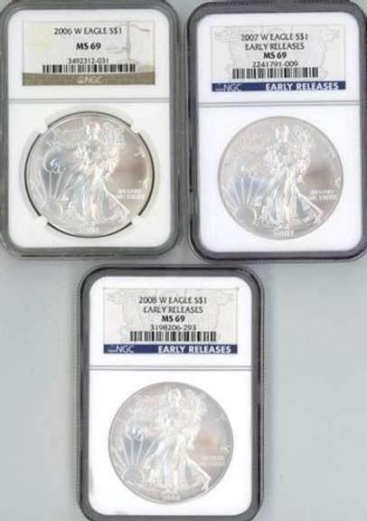 2006-W, 2007-W (ER) & 2008-W (ER) NGC MS69 $1 Eagles