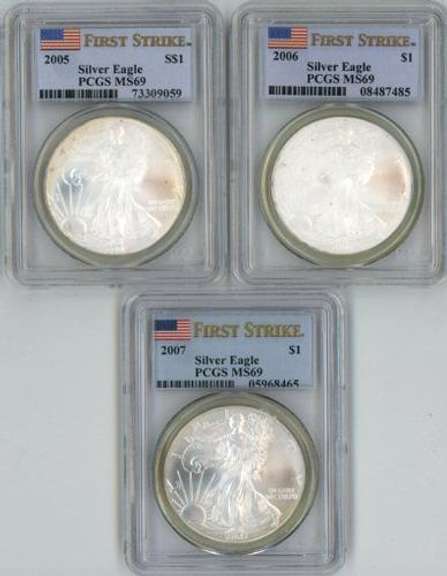 3 Diff. FIRST STRIKE PCGS MS69 $1 Silver Eagles 2005-07
